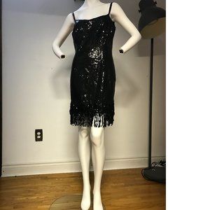 NWT Le Chateau Sequin Shiny Disco party bodycon little black dress trendy fringe